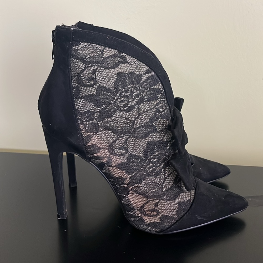 Madison by Shoedazzle Alanna high heel black suede lace booties back zip - Picture 4 of 11